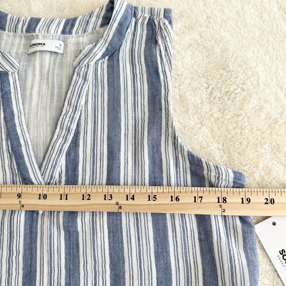 NWT Sonoma Sleeveless Top Size S Blue White Stripe Tank Top 100% Cotton - Picture 9 of 10